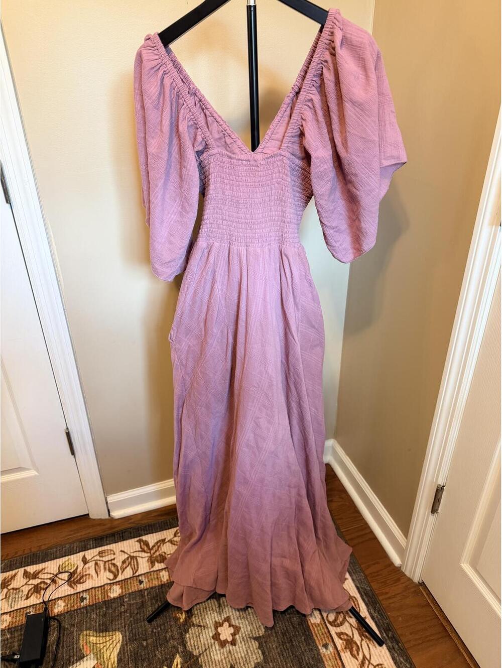 Free People Mauve Gauze Maxi Dress XS Boho Ruched Flutter Sleeve Cottagecore - Picture 6 of 7
